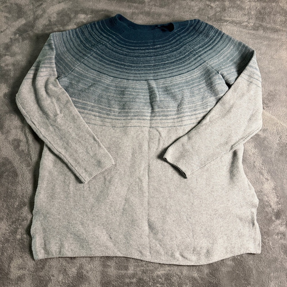J Jill Ombre Ribbed Knit Sweater Size L Teal Gray Gradient Side Slit
